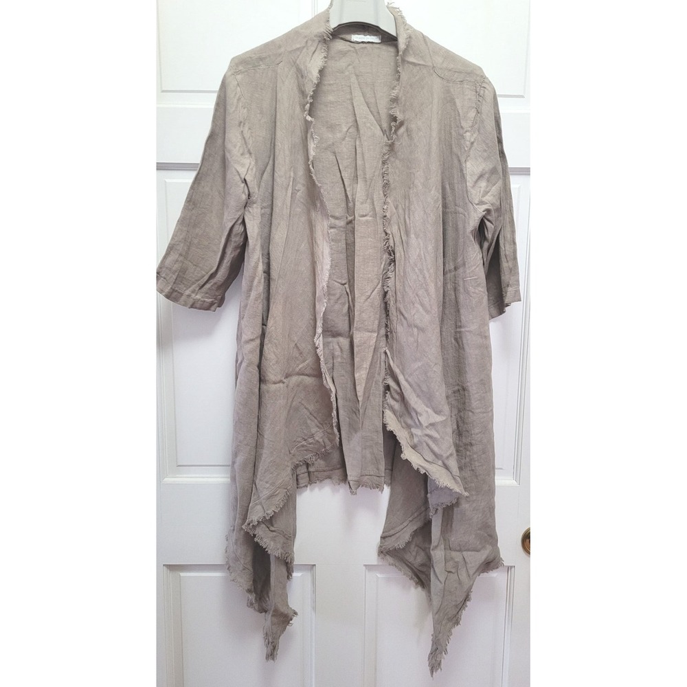 Made in Italy LinenFlax 100% Linen Open Front Fringe Edge Top - Taupe - One Sz